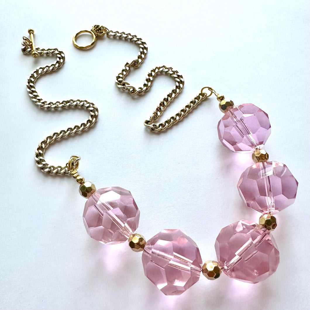 Blush Pink Glass Orb Statement Necklace, Gold Chain Single Strand Chunky Beaded Necklace, Baby Pink Jewelry, Spring pastel necklace