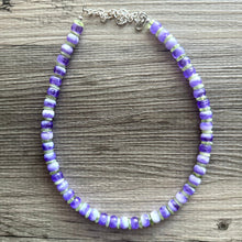 Load image into Gallery viewer, Purple &amp; Lime Single Strand Beaded Statement Necklace, purple beaded necklace, white summer jewelry layering light green bead