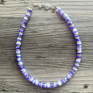 Purple & Lime Single Strand Beaded Statement Necklace, purple beaded necklace, white summer jewelry layering light green bead