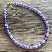 Load image into Gallery viewer, Purple &amp; Lime Single Strand Beaded Statement Necklace, purple beaded necklace, white summer jewelry layering light green bead