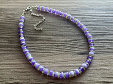 Load image into Gallery viewer, Purple &amp; Lime Single Strand Beaded Statement Necklace, purple beaded necklace, white summer jewelry layering light green bead