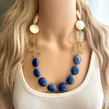 Load image into Gallery viewer, Nautical Chunky Statement Necklace, Big beaded jewelry, Single Strand Statement Necklace, navy blue an white, gold navy necklace, white gold