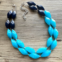 Load image into Gallery viewer, Seascape Skyline chunky necklace, dark blue swirl beaded jewelry, resin beaded Ombré necklace, blue silver turquoise navy blue aqua