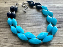Load image into Gallery viewer, Seascape Skyline chunky necklace, dark blue swirl beaded jewelry, resin beaded Ombré necklace, blue silver turquoise navy blue aqua