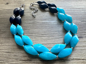 Seascape Skyline chunky necklace, dark blue swirl beaded jewelry, resin beaded Ombré necklace, blue silver turquoise navy blue aqua