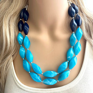 Seascape Skyline chunky necklace, dark blue swirl beaded jewelry, resin beaded Ombré necklace, blue silver turquoise navy blue aqua