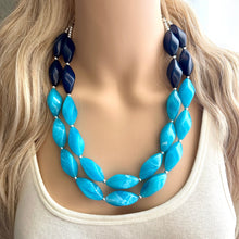 Load image into Gallery viewer, Seascape Skyline chunky necklace, dark blue swirl beaded jewelry, resin beaded Ombré necklace, blue silver turquoise navy blue aqua