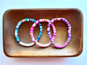 Vacation Bracelet Set, Blue Purple Pink Holiday Jewelry, Tropical Neon Gift Arm Candy Present, stocking stuffer clay stretch friendship