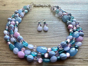 Creamy Periwinkle Popsicle 3 strand chunky jewelry, beaded blue jewelry, light purple thick necklace, turquoise emerald green bib lavender