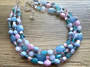 Creamy Periwinkle Popsicle 3 strand chunky jewelry, beaded blue jewelry, light purple thick necklace, turquoise emerald green bib lavender