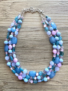 Creamy Periwinkle Popsicle 3 strand chunky jewelry, beaded blue jewelry, light purple thick necklace, turquoise emerald green bib lavender