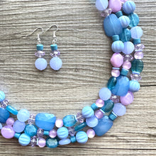 Load image into Gallery viewer, Creamy Periwinkle Popsicle 3 strand chunky jewelry, beaded blue jewelry, light purple thick necklace, turquoise emerald green bib lavender