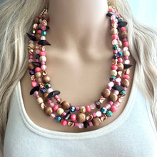 Load image into Gallery viewer, Cabin in the Woods Necklace, Coral Gold statement wood, chunky bib beaded jewelry 3 strand neutral, wooden traveler brown thick bib pink