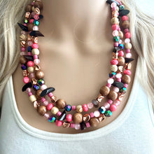 Load image into Gallery viewer, Cabin in the Woods Necklace, Coral Gold statement wood, chunky bib beaded jewelry 3 strand neutral, wooden traveler brown thick bib pink