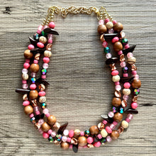 Load image into Gallery viewer, Cabin in the Woods Necklace, Coral Gold statement wood, chunky bib beaded jewelry 3 strand neutral, wooden traveler brown thick bib pink