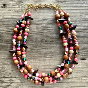 Cabin in the Woods Necklace, Coral Gold statement wood, chunky bib beaded jewelry 3 strand neutral, wooden traveler brown thick bib pink