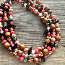 Load image into Gallery viewer, Cabin in the Woods Necklace, Coral Gold statement wood, chunky bib beaded jewelry 3 strand neutral, wooden traveler brown thick bib pink