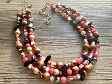 Load image into Gallery viewer, Cabin in the Woods Necklace, Coral Gold statement wood, chunky bib beaded jewelry 3 strand neutral, wooden traveler brown thick bib pink