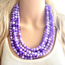 Load image into Gallery viewer, Purple Swirl Statement Necklace, Big Beaded necklace, chunky beaded necklace wedding, lavender jewelry, 5 strand white striped jewelry