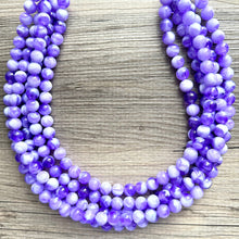 Load image into Gallery viewer, Purple Swirl Statement Necklace, Big Beaded necklace, chunky beaded necklace wedding, lavender jewelry, 5 strand white striped jewelry