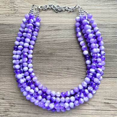Purple Swirl Statement Necklace, Big Beaded necklace, chunky beaded necklace wedding, lavender jewelry, 5 strand white striped jewelry