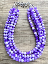 Load image into Gallery viewer, Purple Swirl Statement Necklace, Big Beaded necklace, chunky beaded necklace wedding, lavender jewelry, 5 strand white striped jewelry