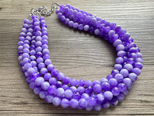 Load image into Gallery viewer, Purple Swirl Statement Necklace, Big Beaded necklace, chunky beaded necklace wedding, lavender jewelry, 5 strand white striped jewelry