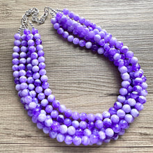 Load image into Gallery viewer, Purple Swirl Statement Necklace, Big Beaded necklace, chunky beaded necklace wedding, lavender jewelry, 5 strand white striped jewelry