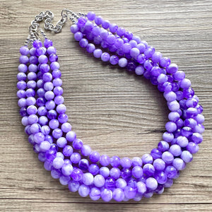Purple Swirl Statement Necklace, Big Beaded necklace, chunky beaded necklace wedding, lavender jewelry, 5 strand white striped jewelry