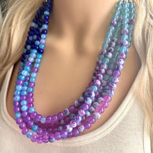 Load image into Gallery viewer, Blues Beach Resort Statement Necklace, Chunky 5 Strand Jewelry, purple violet blue necklace, bib beaded turquoise collar aqua bead lavender