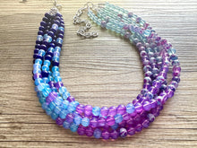 Load image into Gallery viewer, Blues Beach Resort Statement Necklace, Chunky 5 Strand Jewelry, purple violet blue necklace, bib beaded turquoise collar aqua bead lavender