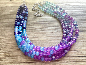 Blues Beach Resort Statement Necklace, Chunky 5 Strand Jewelry, purple violet blue necklace, bib beaded turquoise collar aqua bead lavender