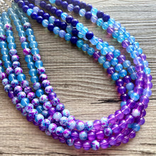 Load image into Gallery viewer, Blues Beach Resort Statement Necklace, Chunky 5 Strand Jewelry, purple violet blue necklace, bib beaded turquoise collar aqua bead lavender