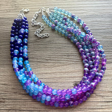 Load image into Gallery viewer, Blues Beach Resort Statement Necklace, Chunky 5 Strand Jewelry, purple violet blue necklace, bib beaded turquoise collar aqua bead lavender