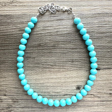 Load image into Gallery viewer, Robin&#39;s Egg Blue single strand necklace, glass bubblegum ball beaded jewelry, light blue aqua string of beads, baby blue statement