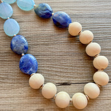 Load image into Gallery viewer, Wood Beaded long necklace, neutral beaded statement necklace, everyday royal blue chunky layering aqua light blue vintage birch tan jewelry