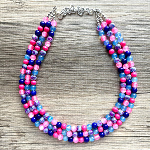 Cotton Candy Pier Necklace, Pink & blue Gender Reveal Party Present, blush pink baby blue chunky beaded royal blue hot pink earrings