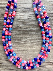 Cotton Candy Pier Necklace, Pink & blue Gender Reveal Party Present, blush pink baby blue chunky beaded royal blue hot pink earrings