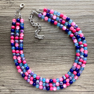 Cotton Candy Pier Necklace, Pink & blue Gender Reveal Party Present, blush pink baby blue chunky beaded royal blue hot pink earrings