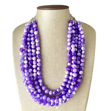 Load image into Gallery viewer, Purple Swirl Statement Necklace, Big Beaded necklace, chunky beaded necklace wedding, lavender jewelry, 5 strand white striped jewelry