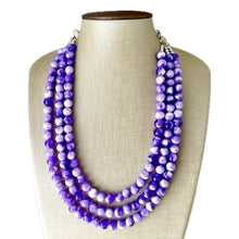Load image into Gallery viewer, Purple Swirl Statement Necklace, Big Beaded necklace, chunky beaded necklace wedding, lavender jewelry, 3 strand white striped jewelry