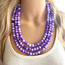 Load image into Gallery viewer, Purple Swirl Statement Necklace, Big Beaded necklace, chunky beaded necklace wedding, lavender jewelry, 3 strand white striped jewelry