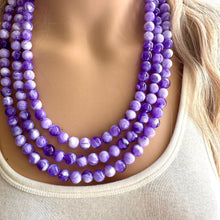 Load image into Gallery viewer, Purple Swirl Statement Necklace, Big Beaded necklace, chunky beaded necklace wedding, lavender jewelry, 3 strand white striped jewelry