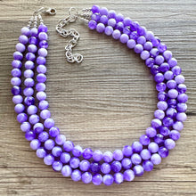Load image into Gallery viewer, Purple Swirl Statement Necklace, Big Beaded necklace, chunky beaded necklace wedding, lavender jewelry, 3 strand white striped jewelry