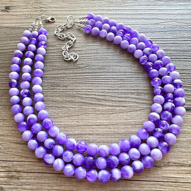 Purple Swirl Statement Necklace, Big Beaded necklace, chunky beaded necklace wedding, lavender jewelry, 3 strand white striped jewelry