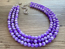 Load image into Gallery viewer, Purple Swirl Statement Necklace, Big Beaded necklace, chunky beaded necklace wedding, lavender jewelry, 3 strand white striped jewelry