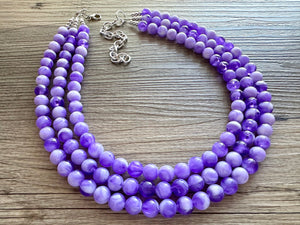 Purple Swirl Statement Necklace, Big Beaded necklace, chunky beaded necklace wedding, lavender jewelry, 3 strand white striped jewelry