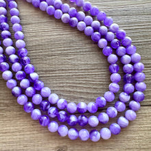 Load image into Gallery viewer, Purple Swirl Statement Necklace, Big Beaded necklace, chunky beaded necklace wedding, lavender jewelry, 3 strand white striped jewelry