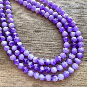 Purple Swirl Statement Necklace, Big Beaded necklace, chunky beaded necklace wedding, lavender jewelry, 3 strand white striped jewelry