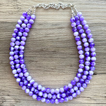 Load image into Gallery viewer, Purple Swirl Statement Necklace, Big Beaded necklace, chunky beaded necklace wedding, lavender jewelry, 3 strand white striped jewelry
